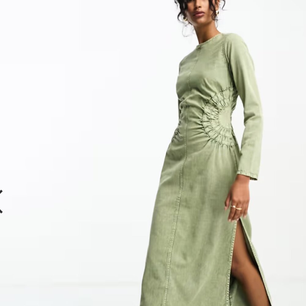 ASOS DESIGN Washed Twill Midi Dress w/ Circle Side Detail in Acid Wash Green
